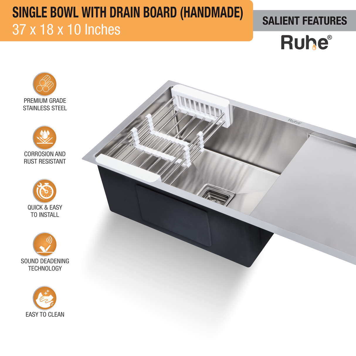 Handmade Single Bowl with Drainboard (37 x 18 x 10 Inches) Kitchen Sink - by Ruhe