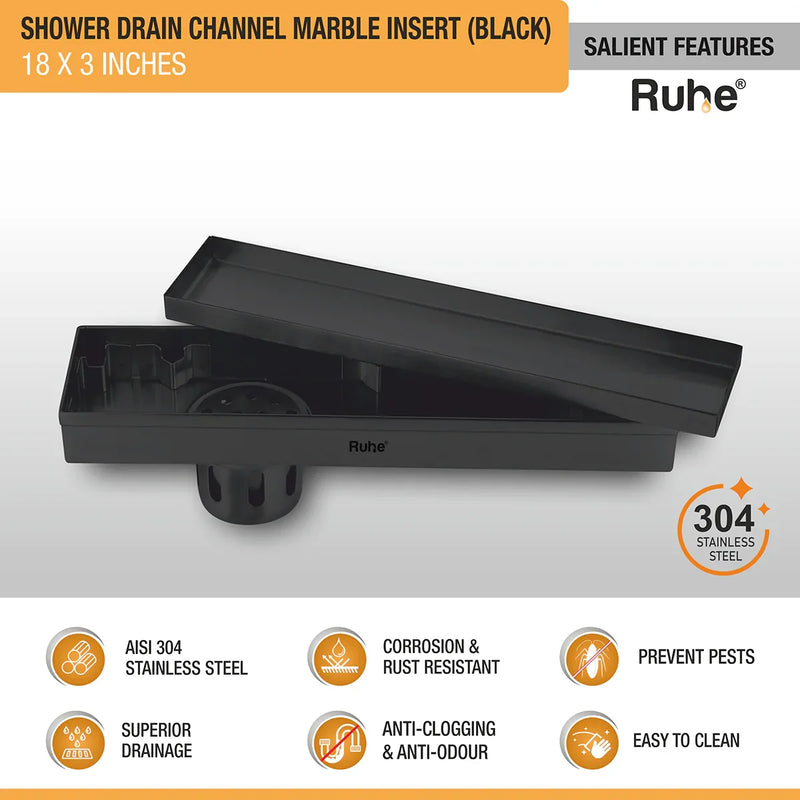 Marble-Insert Shower Drain Channel Black (3 Inches)