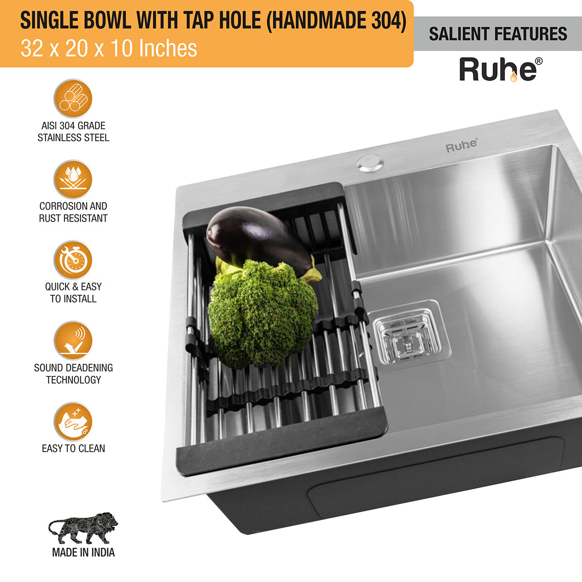 Handmade Single Bowl 304-Grade Kitchen Sink (32 x 20 x 10 Inches) with Tap Hole features and benefits