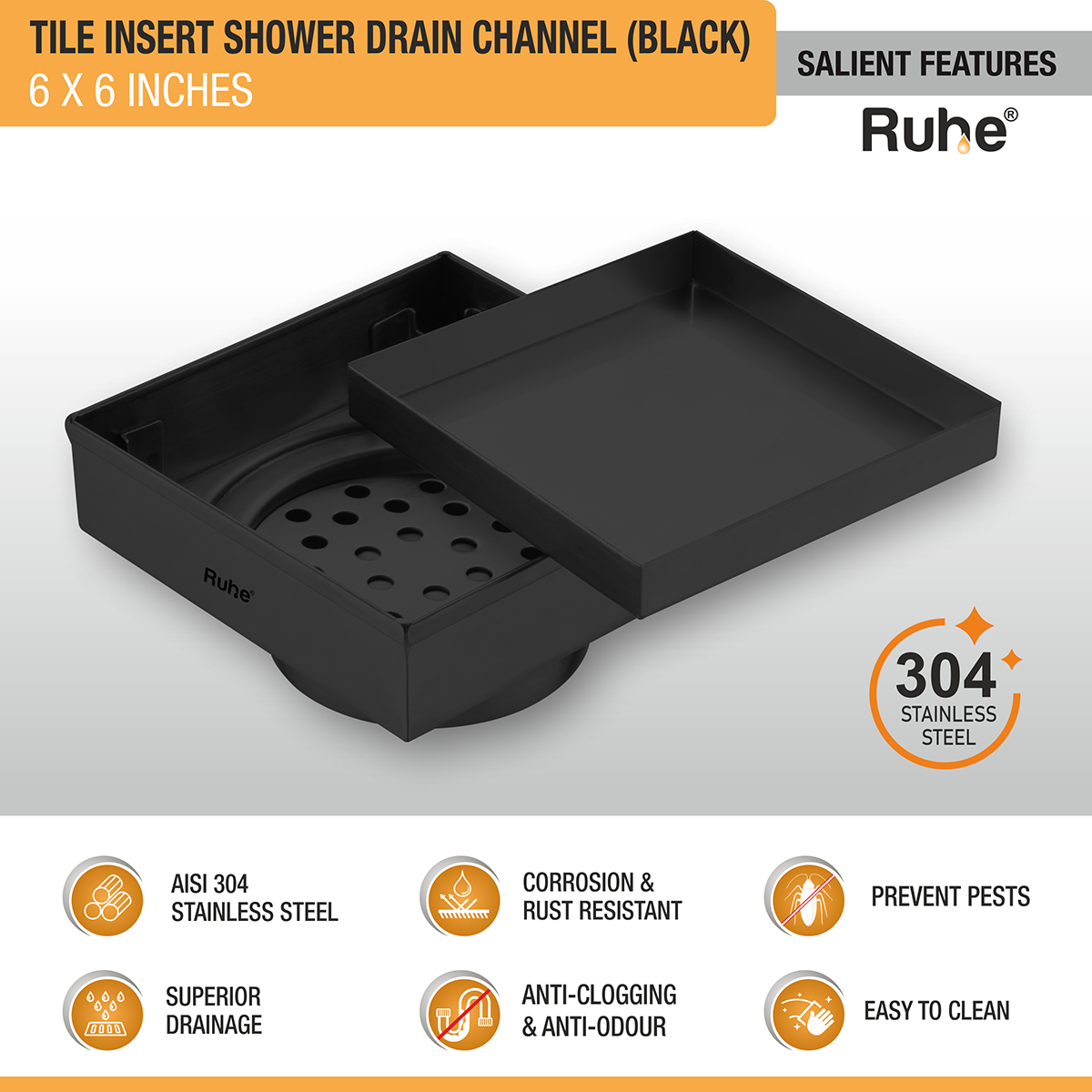 Tile Insert Shower Drain Channel (6 x 6 Inches) Black PVD Coated - by Ruhe®