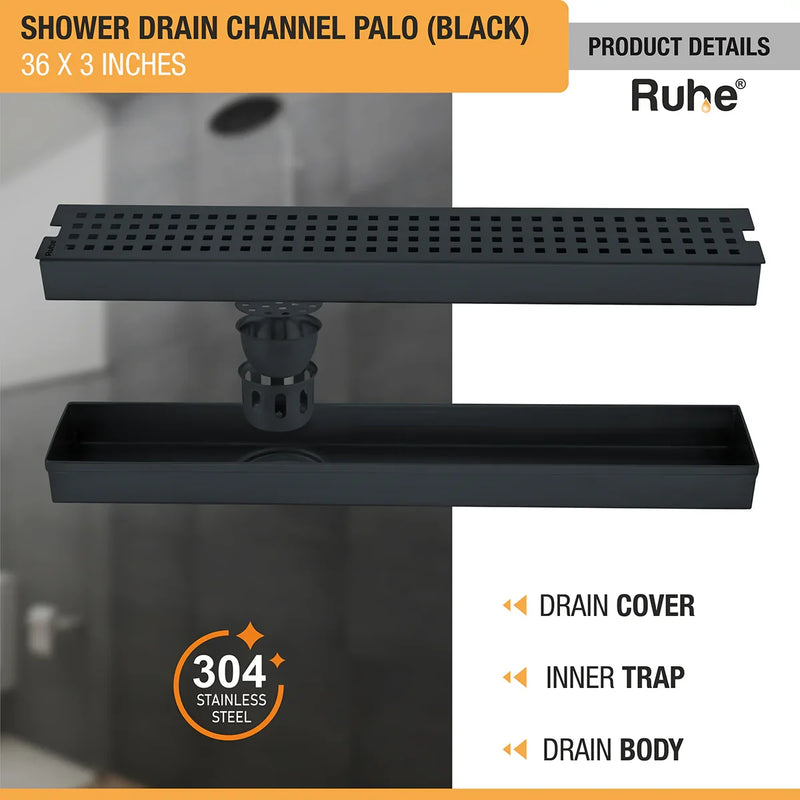 Palo Shower Drain Channel (36 x 3 Inches) Black PVD Coated - by Ruhe