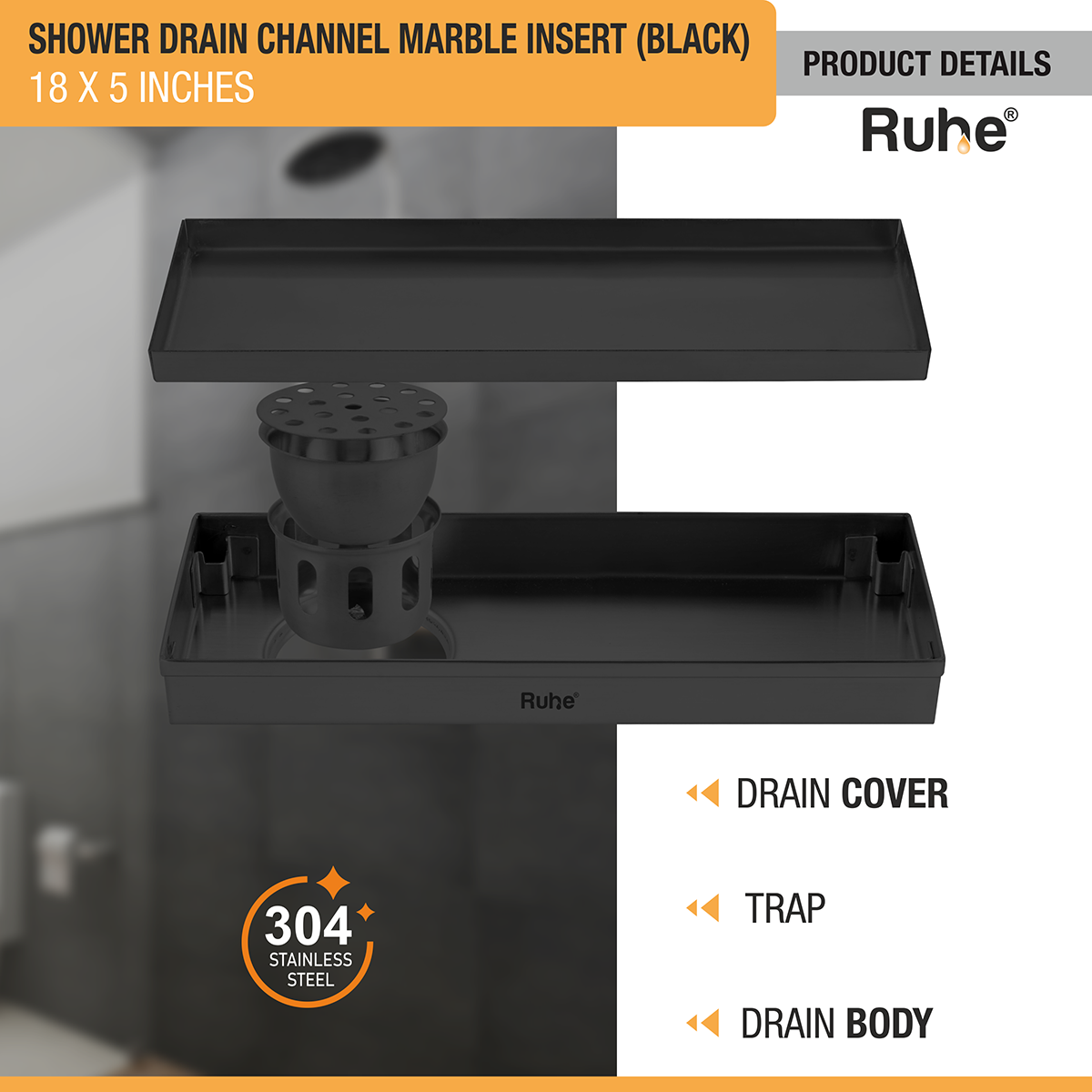 Marble Insert Shower Drain Channel (18 x 5 Inches) Black PVD Coated - by Ruhe®