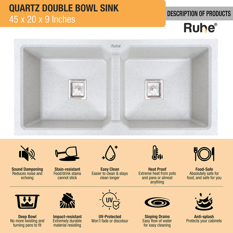 Quartz Double Bowl Kitchen Sink (45 x 20 x 9 inches)