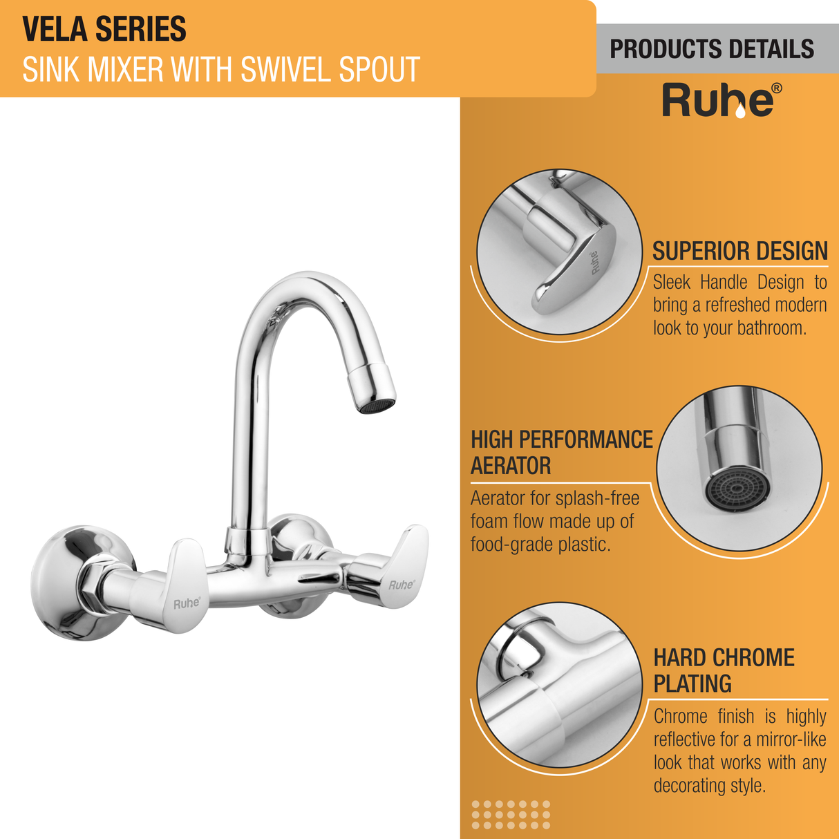 Vela Wall-Mount Kitchen Sink Mixer Tap with 15" Swivel Spout