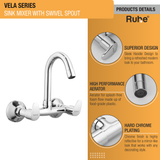 Vela Wall-Mount Kitchen Sink Mixer Tap with 15" Swivel Spout