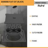 Diamond Square Flat Cut Floor Drain in Black PVD Coating (6 x 6 Inches) - by Ruhe