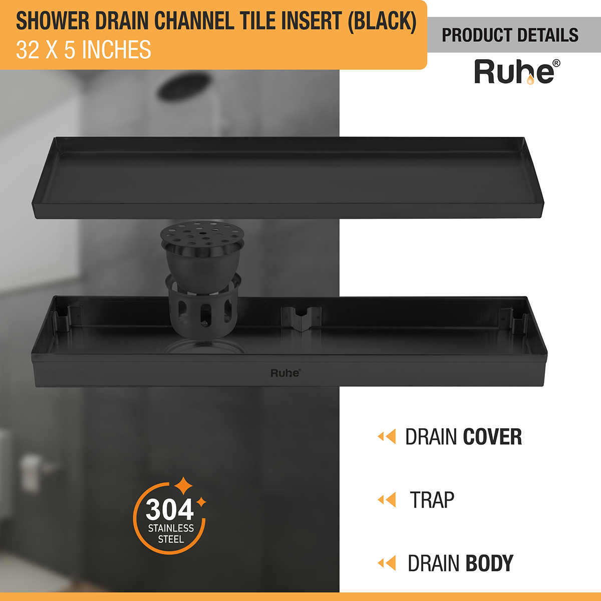 Tile Insert Shower Drain Channel (32 x 5 Inches) Black PVD Coated - by Ruhe®