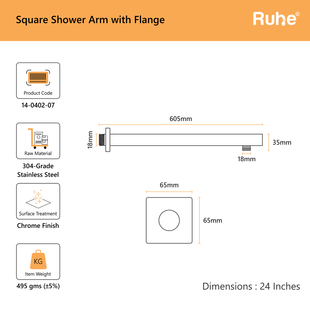 Square 304-Grade Shower Arm