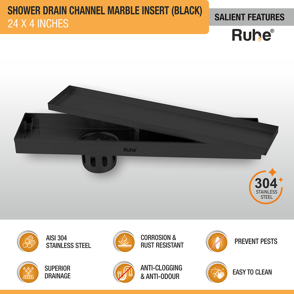 Marble Insert Shower Drain Channel (24 x 4 Inches) Black PVD Coated - by Ruhe®