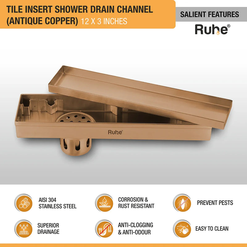 Tile Insert Shower Drain Channel (12 x 3 Inches) Antique Copper PVD Coated - by Ruhe