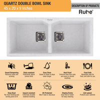 Quartz Double Bowl Sand Pluto Kitchen Sink (45 x 20 x 9 Inches)