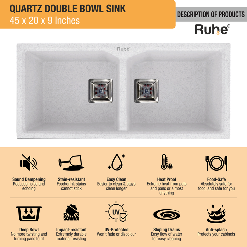Quartz Double Bowl Kitchen Sink (45 x 20 x 9 inches)