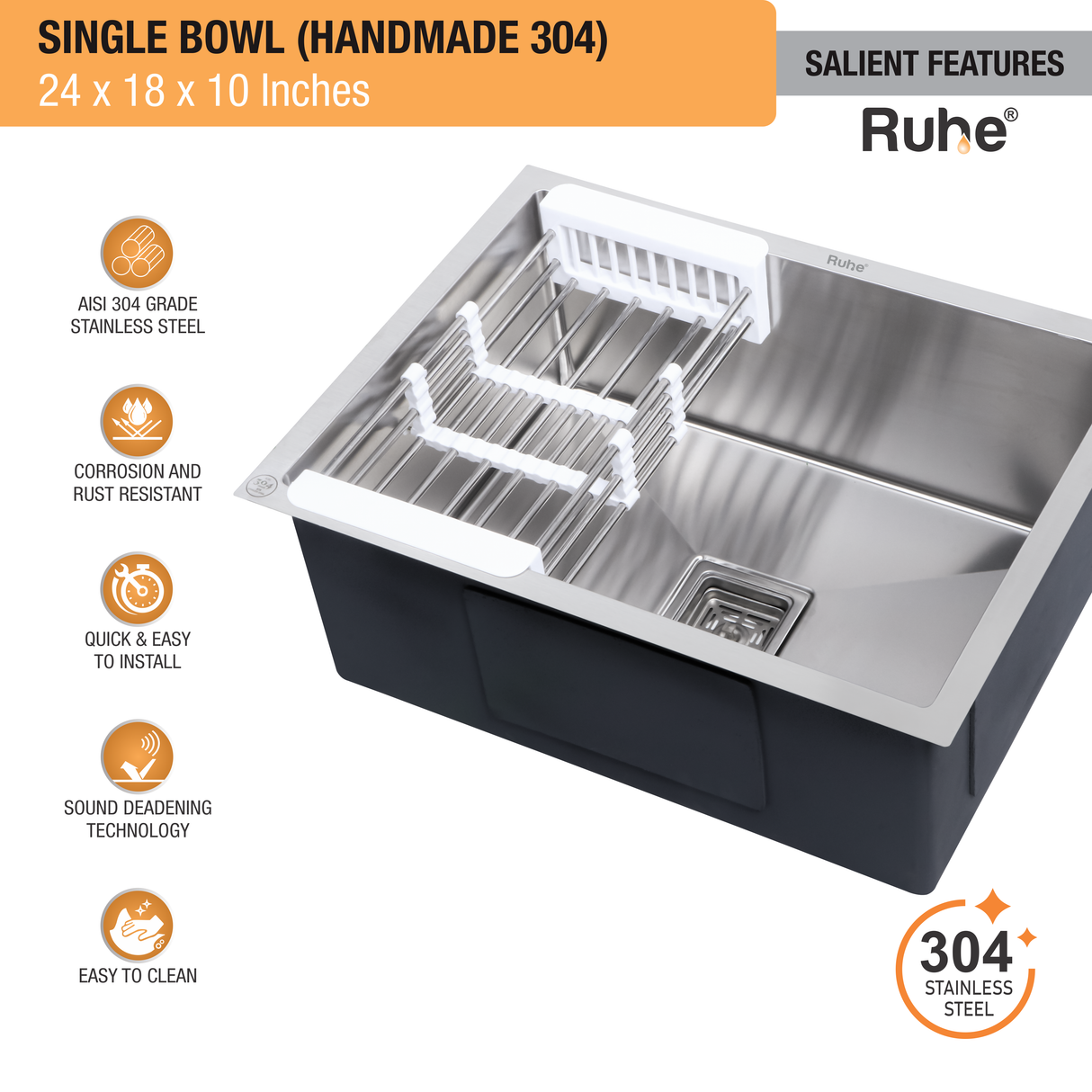 Handmade Single Bowl 304-Grade (24 x 18 x 10 Inches) Kitchen Sink - by Ruhe