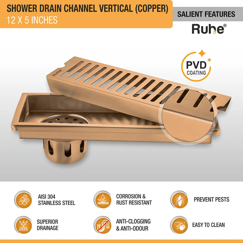 Vertical Shower Drain Channel (12 x 5 Inches) Antique Copper PVD Coated - by Ruhe