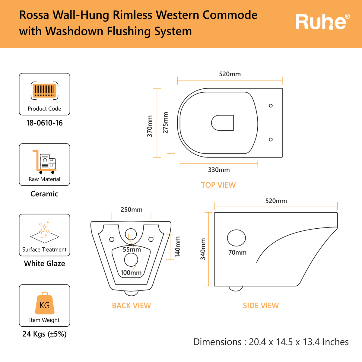 Rossa Wall-Hung Western Commode