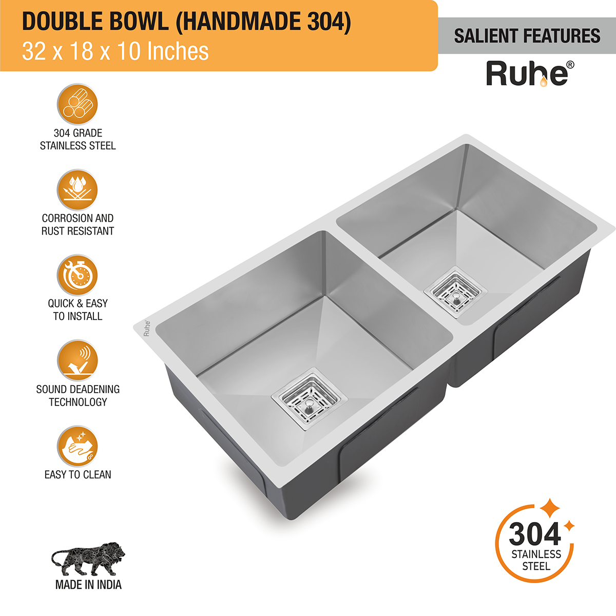 Handmade Double Bowl 304-Grade Kitchen Sink (32 x 18 x 10 Inches) features and benefits