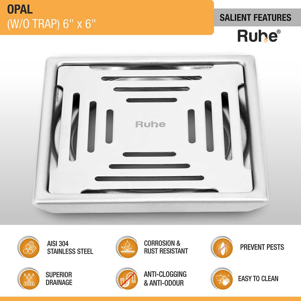 Opal Square 304-Grade Floor Drain (6 x 6 Inches) - by Ruhe®