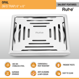 Opal Square 304-Grade Floor Drain (6 x 6 Inches) - by Ruhe®