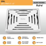 Opal Square 304-Grade Floor Drain (6 x 6 Inches) - by Ruhe