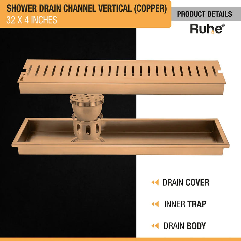 Vertical Shower Drain Channel (32 x 4 Inches) Antique Copper PVD Coated - by Ruhe