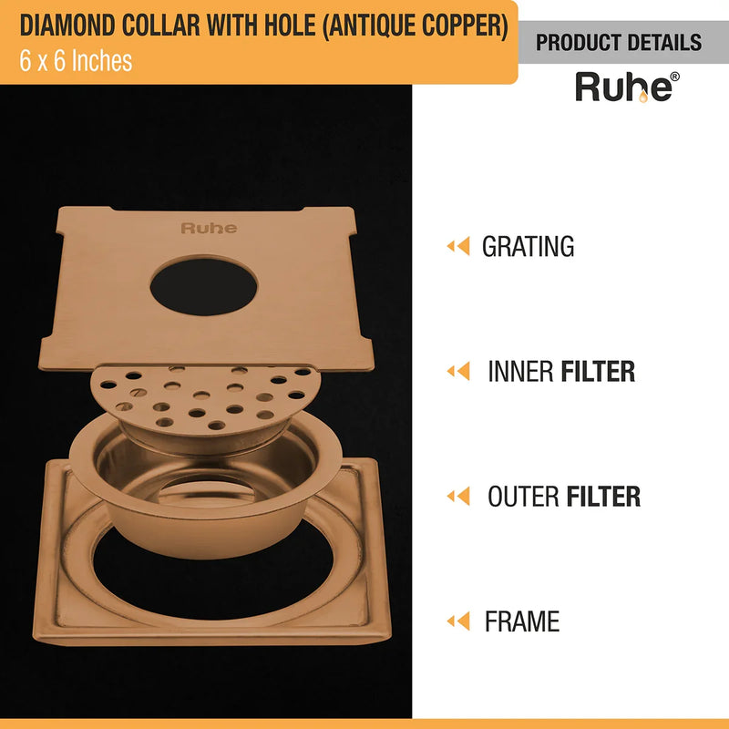 Diamond Square Flat Cut Floor Drain in Antique Copper PVD Coating (6 x 6 Inches) with Hole - by Ruhe