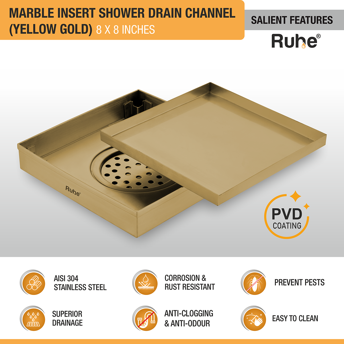 Marble Insert Shower Drain Channel (8 x 8 Inches) YELLOW GOLD PVD Coated features and benefits