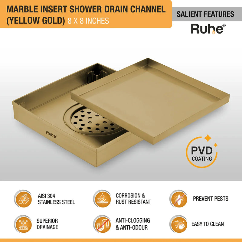 Marble Insert Shower Drain Channel (8 x 8 Inches) YELLOW GOLD PVD Coated - by Ruhe