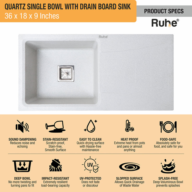 Quartz Single Bowl with Drainboard Kitchen Sink (36 x 18 x 9 Inches)