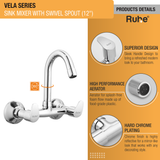 Vela Wall Mount Kitchen Sink Mixer Tap with Swivel Spout
