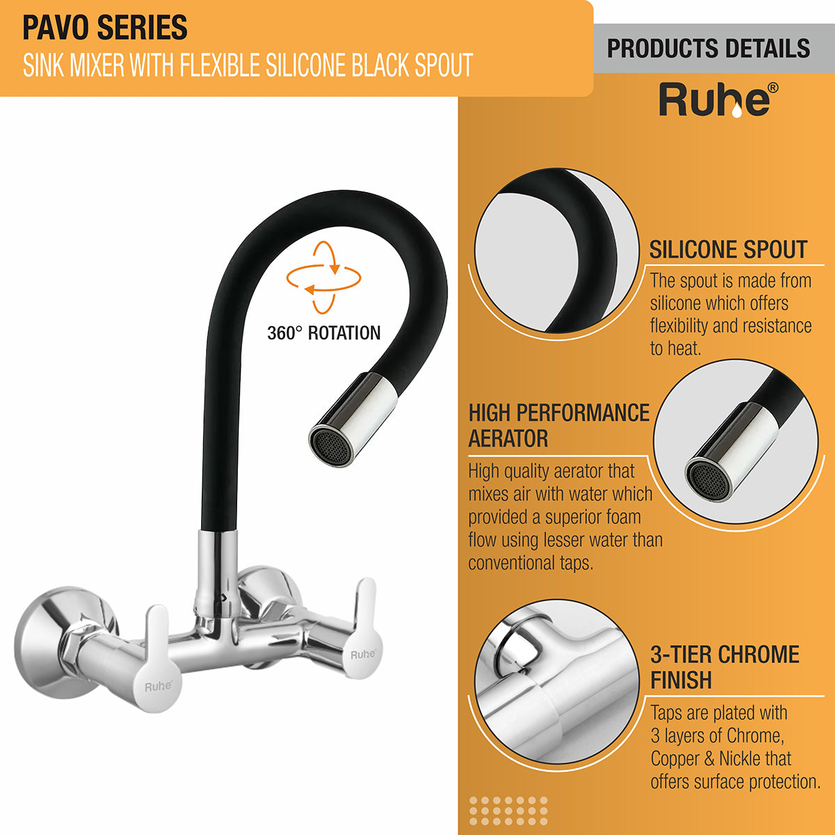 Pavo Sink Mixer Brass Faucet with Flexible Silicone Black Spout product details like silicone spout, high quality aerator, 3 layer protection
