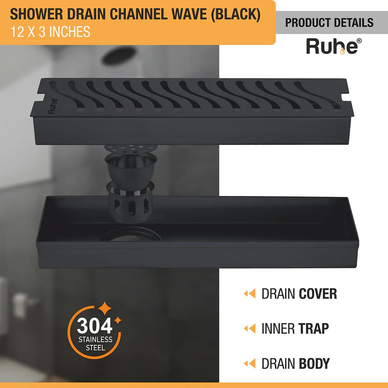 Wave Shower Drain Channel (12 x 3 Inches) Black PVD Coated - by Ruhe