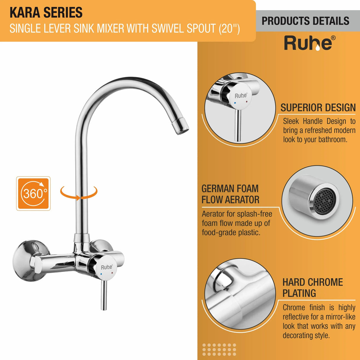 Kara Single Lever Wall-mount Kitchen Sink Mixer Tap with Swivel Spout