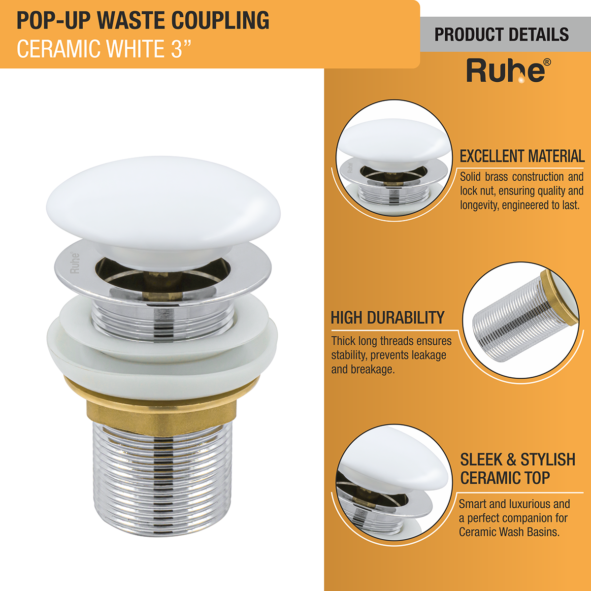 White Ceramic Pop-up Waste Coupling (3 Inches) - by Ruhe