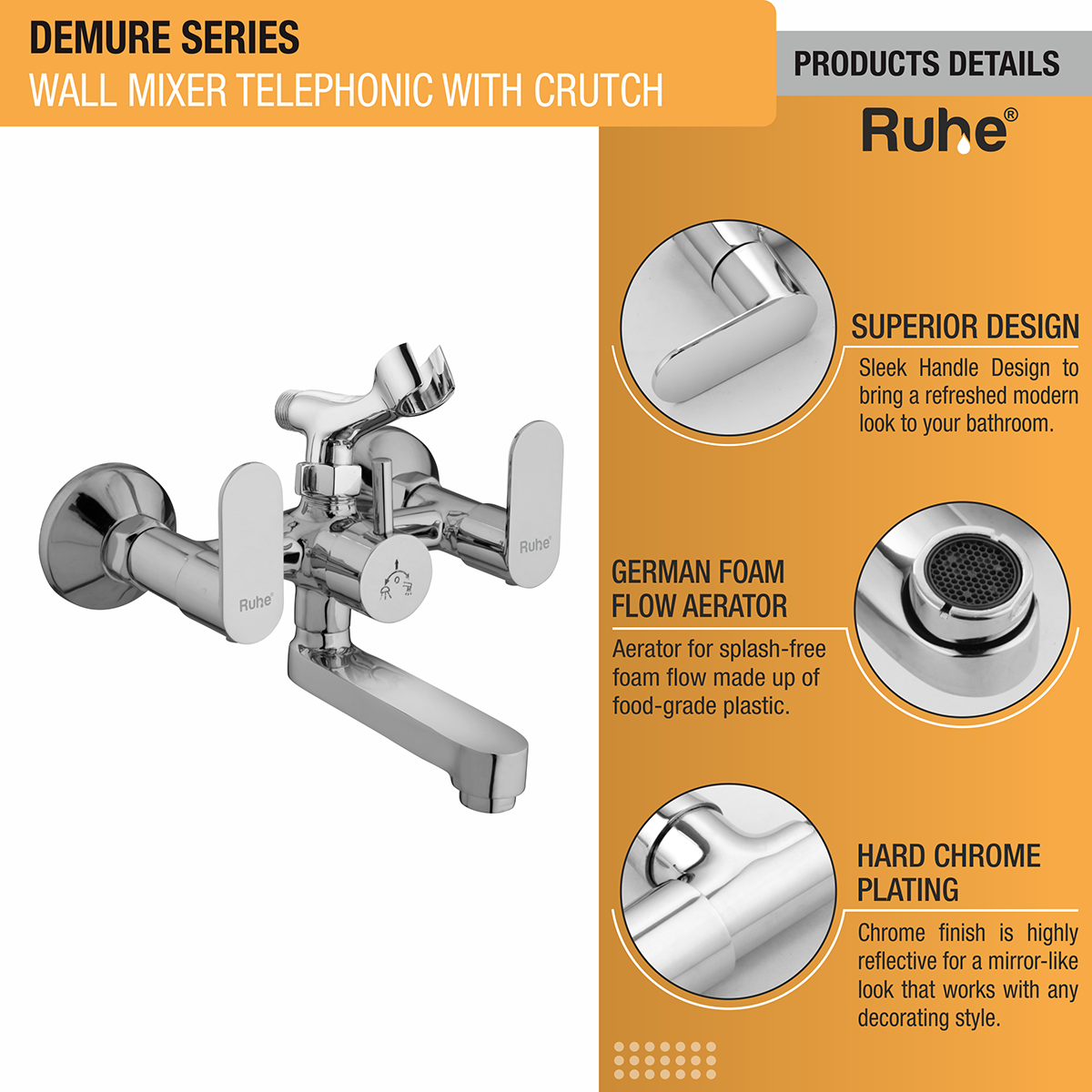 Demure Telephonic Wall Mixer Tap with Crutch - by Ruhe®