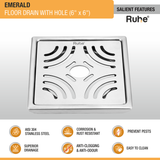 Emerald Square 304-Grade Floor Drain with Hole (6 x 6 Inches) - by Ruhe®