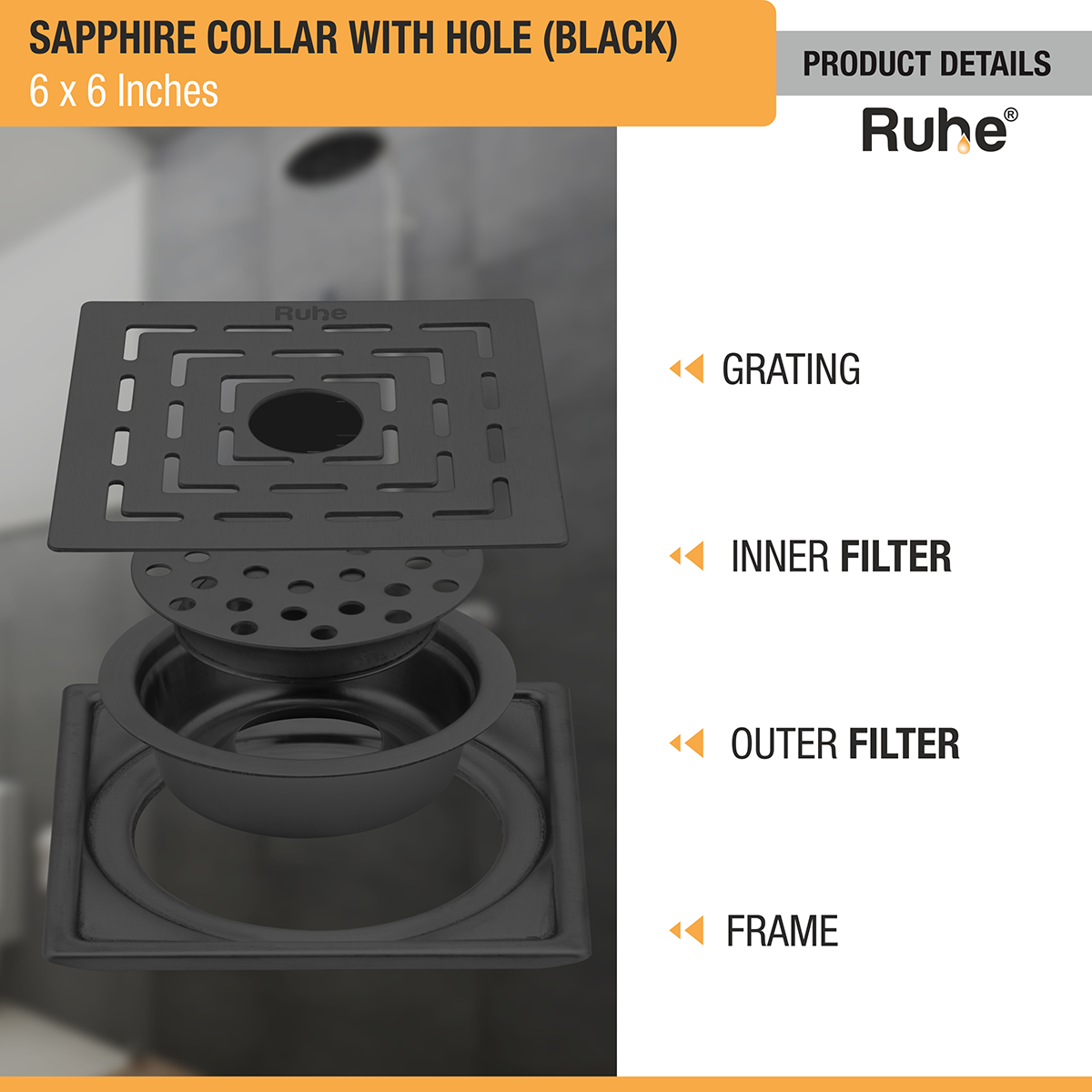 Sapphire Square 304-Grade Floor Drain in Black PVD Coating (6 x 6 Inches) with Hole - by Ruhe