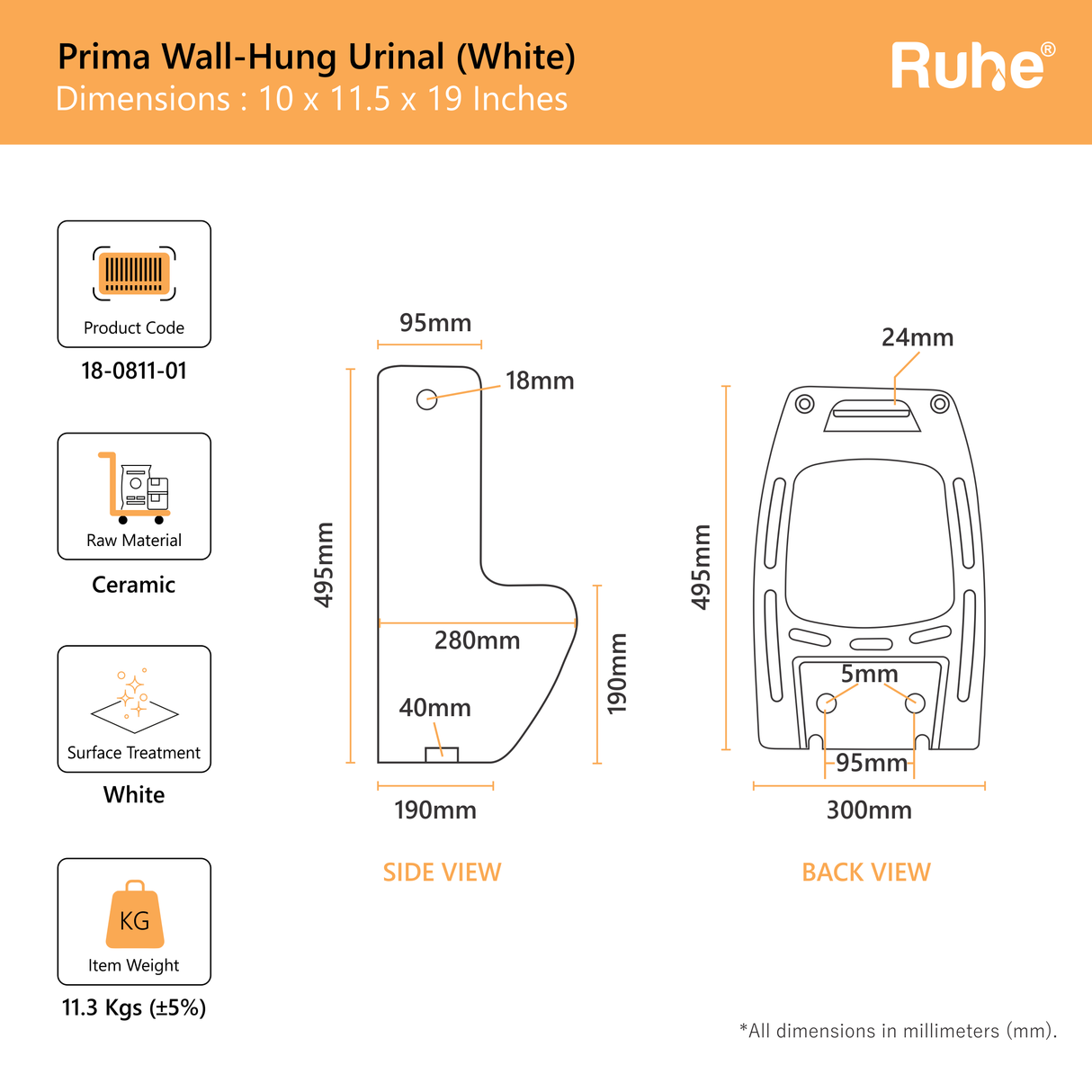 Prima Wall-Hung Urinal (White)