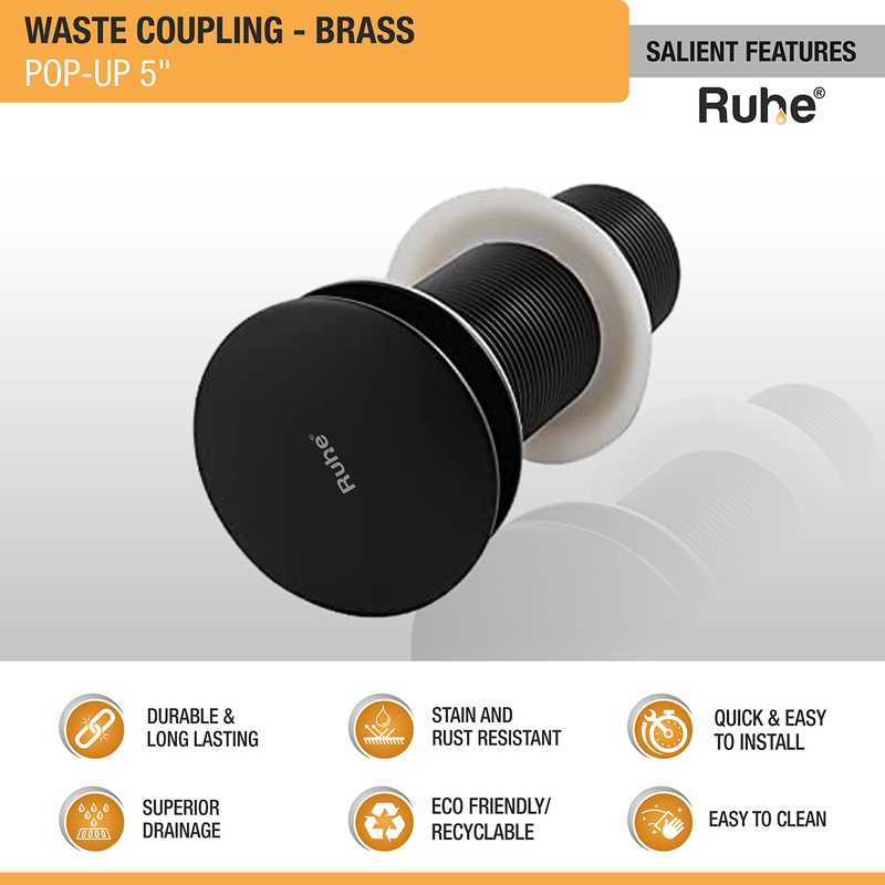 Pop-up Waste Coupling in Matte Black PVD Coating (5 Inches) - by Ruhe