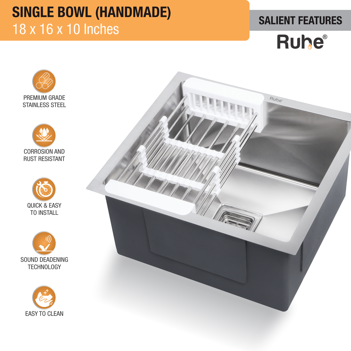 Handmade Single Bowl Kitchen Sink (18 x 16 x 10 Inches)