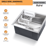 Handmade Single Bowl Kitchen Sink (18 x 16 x 10 Inches) (Features)