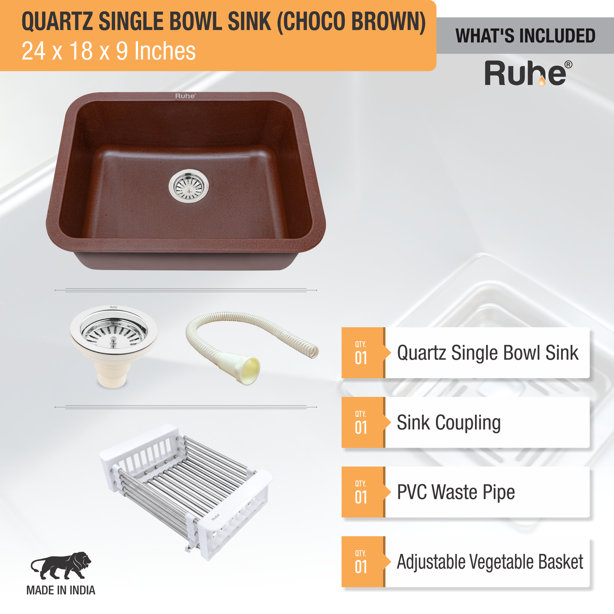 Choco Brown Quartz Single Bowl Kitchen Sink  (24 x 18 x 9 inches) - by Ruhe