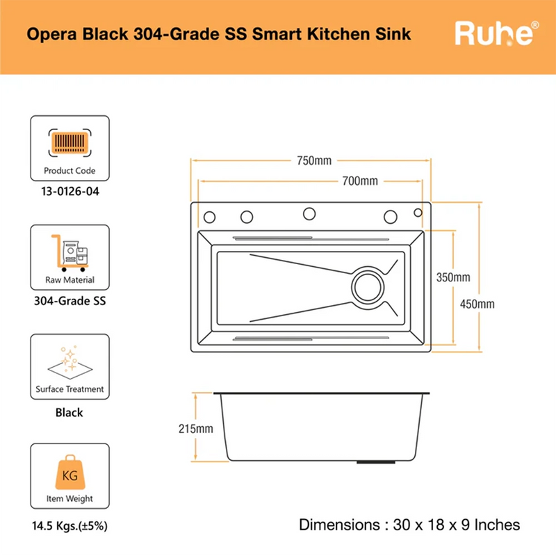 Opera Smart Kitchen Sink (30 x 18 x 9 Inches)