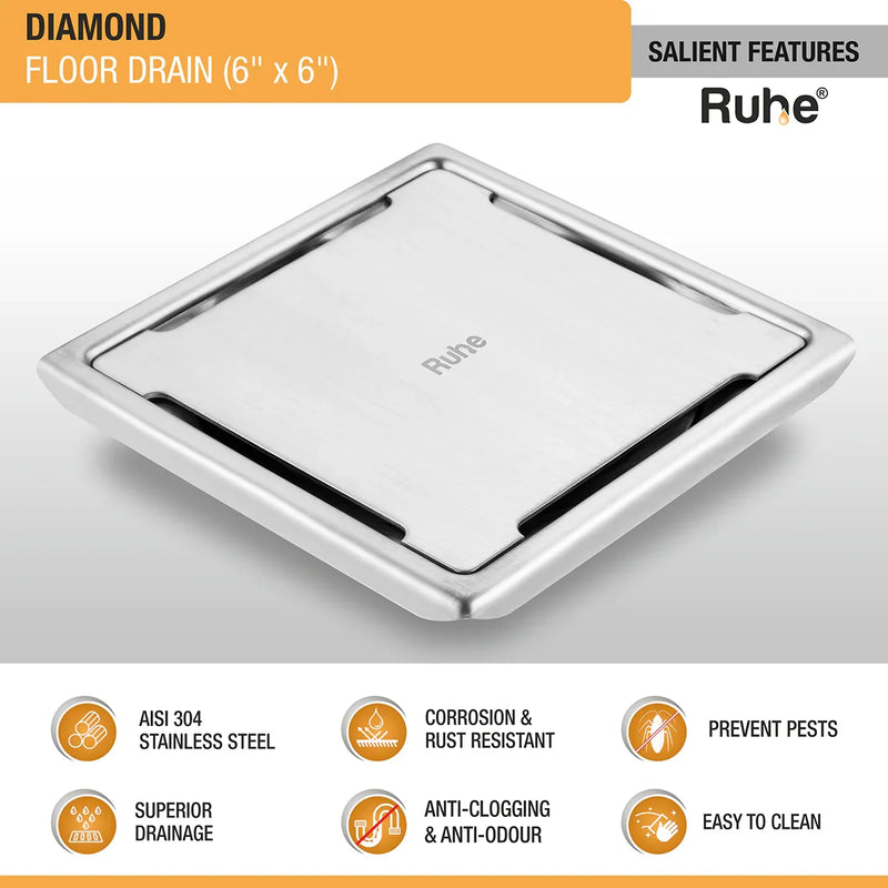 Diamond Square 304-Grade Floor Drain (6 x 6 Inches) - by Ruhe