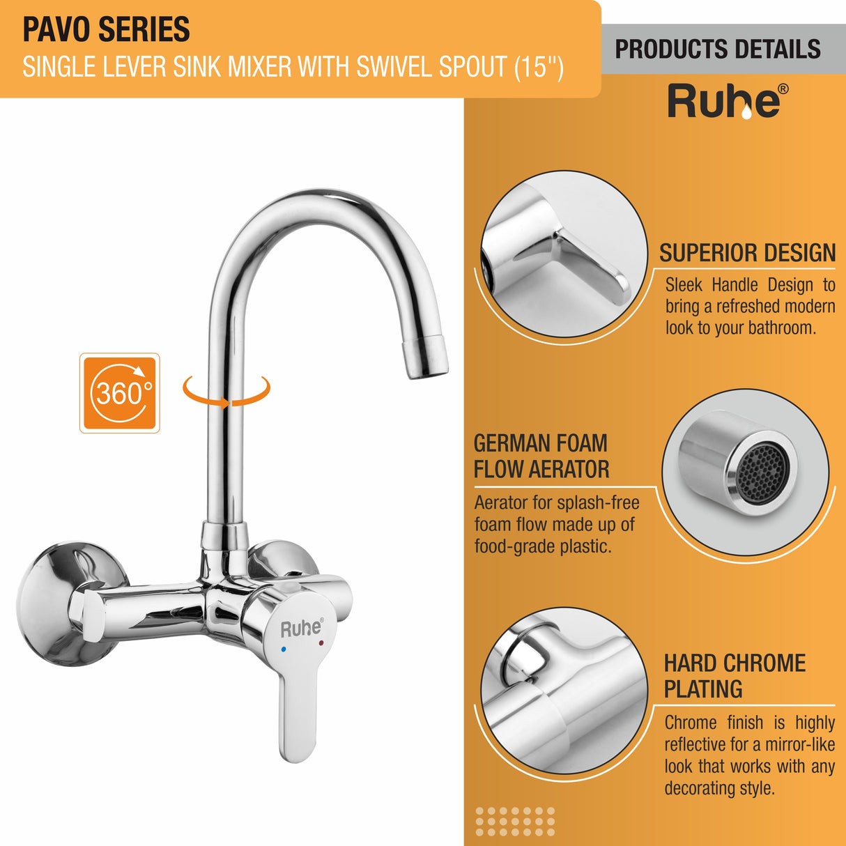 Pavo Single Lever Wall-mount Brass Mixer Faucet with Swivel Spout (15 Inches) - by Ruhe®