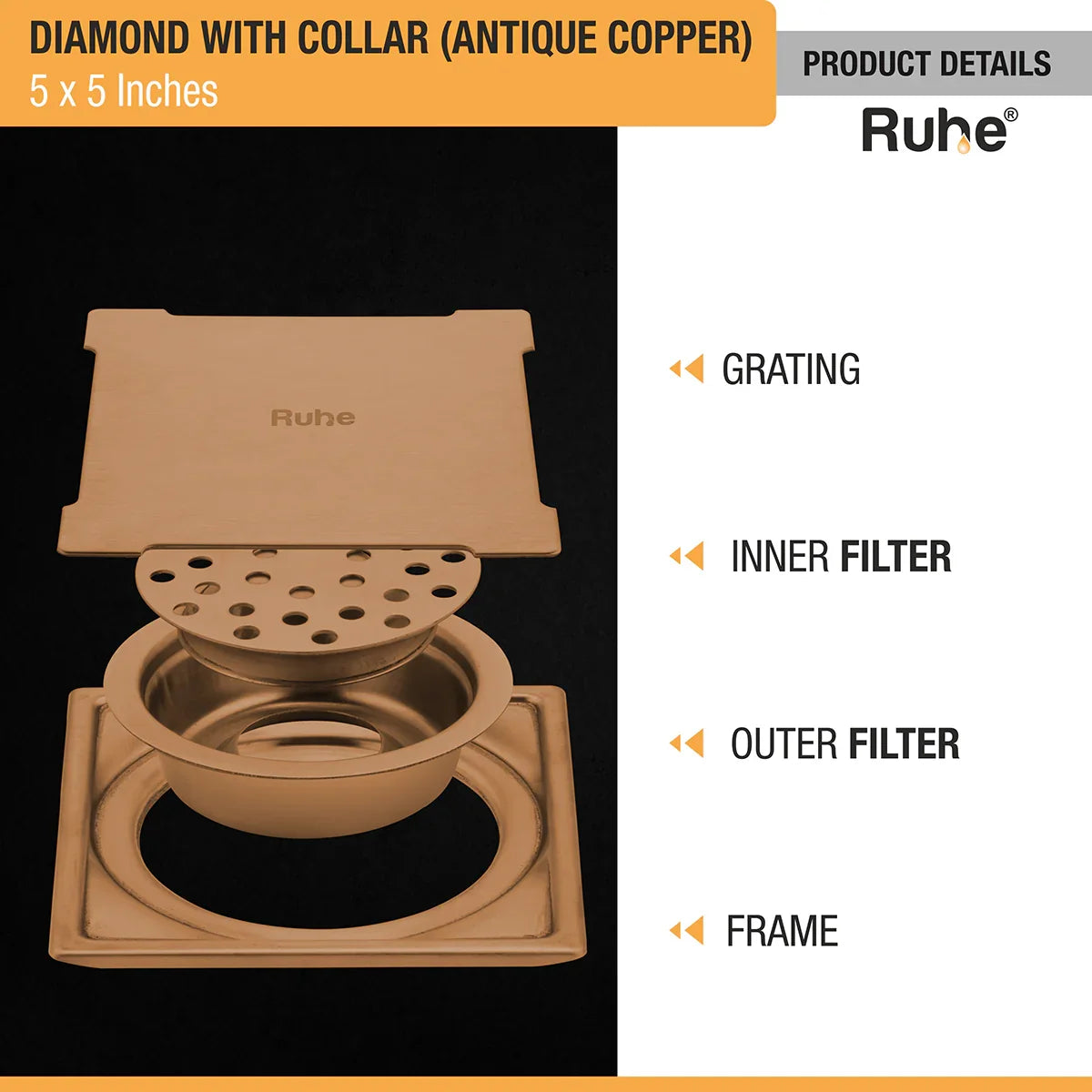 Diamond Square Flat Cut Floor Drain