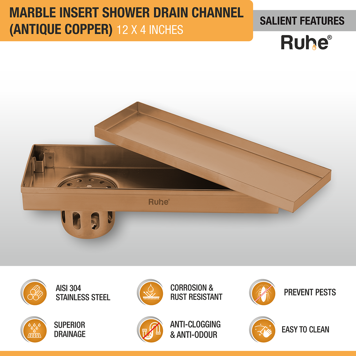 Marble Insert Shower Drain Channel (12 x 4 Inches) ROSE GOLD PVD Coated features and benefits