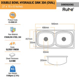 Oval Double Bowl 304-Grade (37 x 18 x 8 inches) Kitchen Sink - by Ruhe