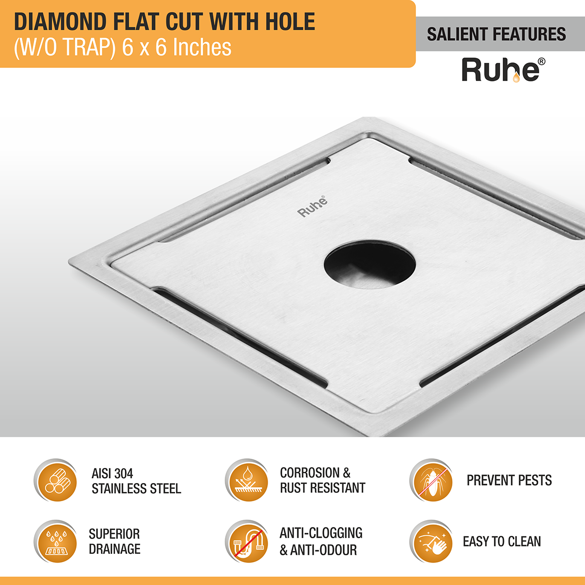 Diamond Square Flat Cut 304-Grade Floor Drain with Hole (6 x 6 Inches)  - by Ruhe