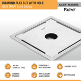 Diamond Square Flat Cut 304-Grade Floor Drain with Hole (6 x 6 Inches) features and benefits