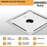 Diamond Square Flat Cut 304-Grade Floor Drain (5 x 5 Inches) - by Ruhe